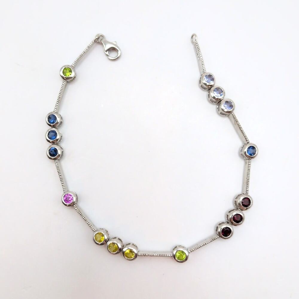 Sterling Silver 925 Multi-Color Bezel Gemstone Bar Link Bracelet 7.12in 5.41g